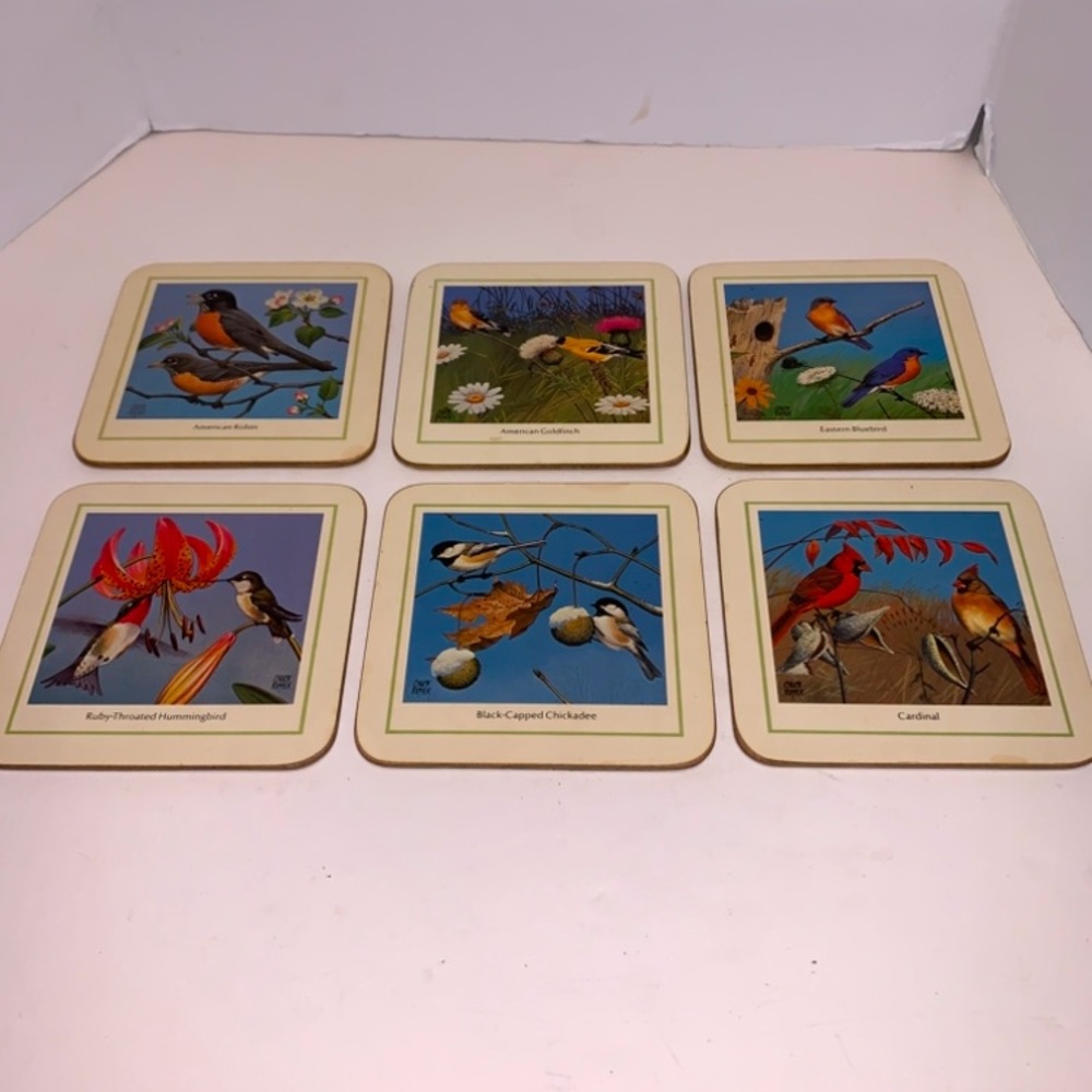 Clover Leaf Cork Coasters w/Box: Set of 6 Vintage Bird Coasters: Made in England
